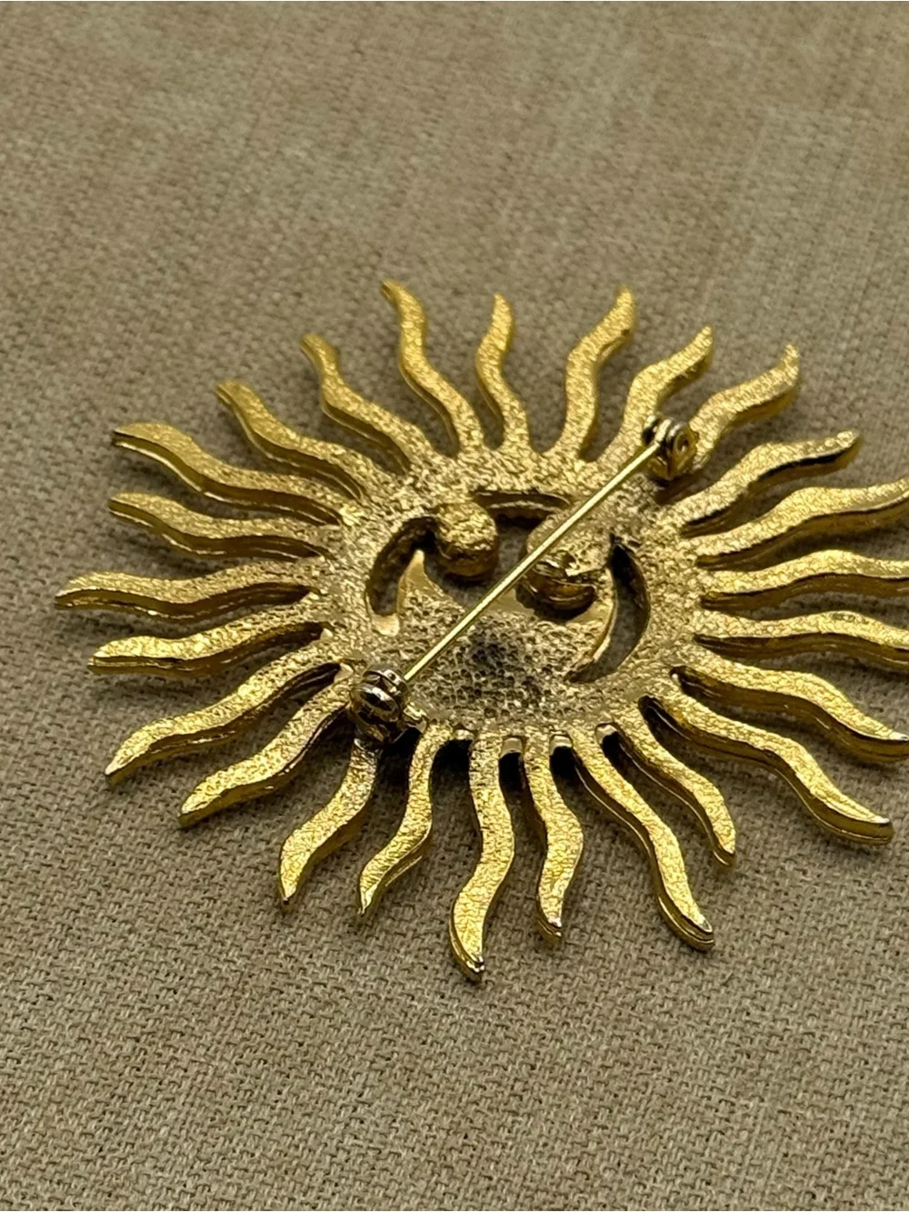 Gold Sunburst Moon Brooch with Crystal Accents